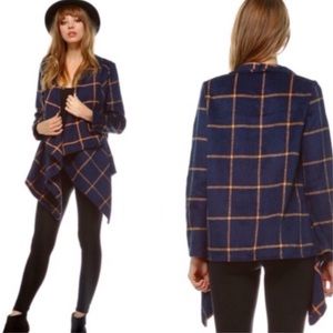 Jackets & Coats - Navy Plaid Draped Open Front Jacket Jackets & Coats - Navy Plaid Draped Open Front Jacket